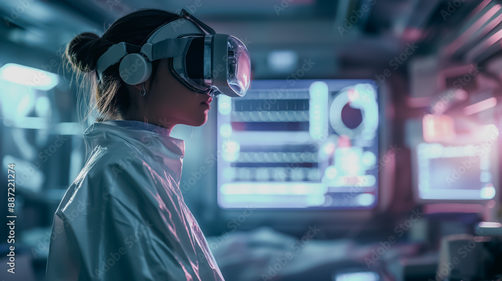 Poster a woman wearing a white lab coat and goggles is looking at a computer screen. the computer screen is