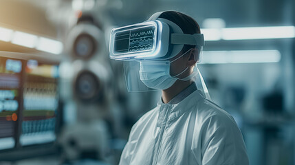 A man wearing a white lab coat and a mask stands in front of a computer monitor. He is wearing a virtual reality headset and he is looking at the monitor. Concept of technology and innovation