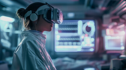 A woman wearing a white lab coat and goggles is looking at a computer screen. The computer screen is displaying a virtual reality simulation. The woman is focused and engaged in the simulation