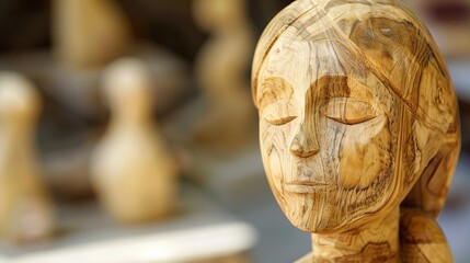 Close-Up of Wooden Sculpture of Woman's Face with Light Background and Depth of Field