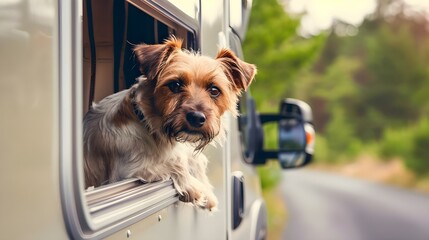 Dog looking out of motorhome or caravan window on vacation