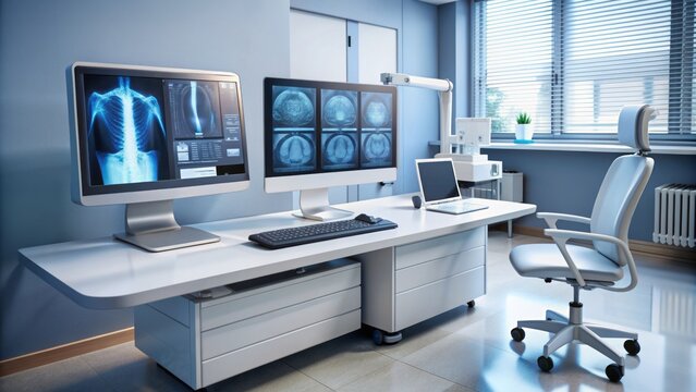 A modern medical workstation with a desktop computer, bone density scan results on the screen, and a radiograph nearby.