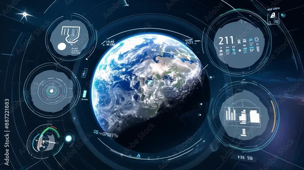 Poster a digital representation of earth surrounded by futuristic circular interface displays with various 