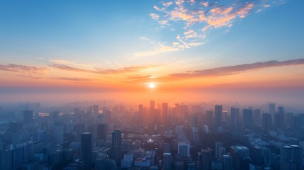 Fototapeta premium Sunrise Over Modern City Skyline,stunning sunrise illuminating a sprawling modern city skyline with skyscrapers under a vibrant and colorful sky.