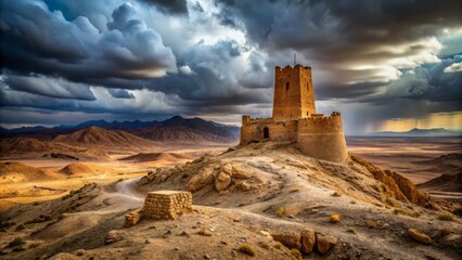Obraz premium Ancient crumbling stone fortress Watchtower Abai-Kala stands proudly amidst vast desolate arid landscape under gloomy overcast sky.