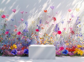 Vibrant Field of Colorful Flowers with White Rectangular Block - Ideal for Nature Photography, Floral Art, and Garden Decor