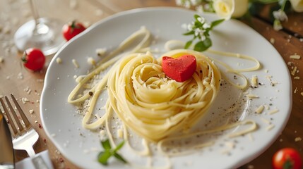 Heart made with pasta on the plate. 