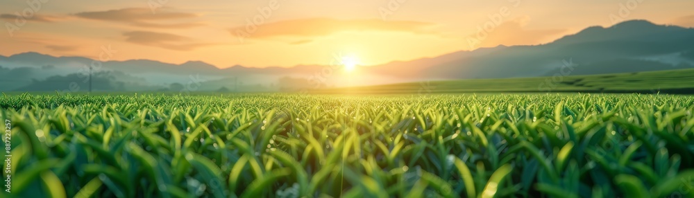 Wall mural sunrise over lush green field landscape