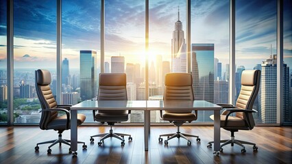 Fototapeta premium A modern office background with a desk, chairs, and a blurred cityscape outside, focusing on two clasped hands symbolizing partnership and success.