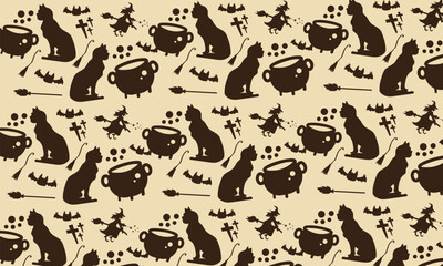 halloween vintage seamless vector pattern background illustration with cartoon colorful bat cat and witch