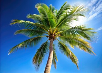 Fototapeta premium Swaying gently in the breeze, a solitary palm tree stands at an angle, its slender trunk and leaves leaning dramatically against a clear blue sky.