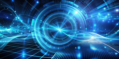 Obraz premium Abstract blue digital technology background with swirling futuristic patterns, neon lights, and subtle grid textures, evoking a sense of innovation and modernity.