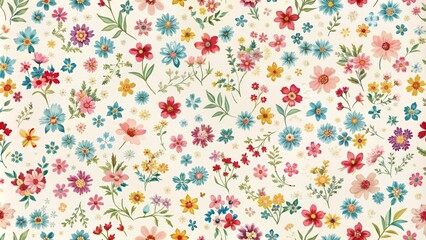 Delicate small colorful flowers scattered on ivory white background creating ditsy vintage floral pattern perfect for fashion print designs.