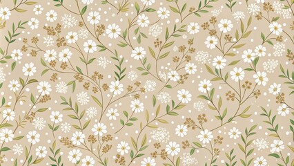 Delicate, intricate, and elegant seamless floral pattern featuring small white flowers on a light beige background, perfect for fashion designs.