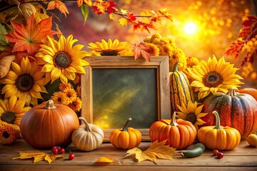 Vibrant fall backdrop featuring an empty chalkboard surrounded by an arrangement of colorful pumpkins, tall sunflowers, and scattered autumn leaves in warm golden light.