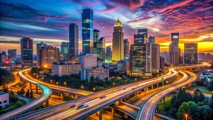 Vibrant metropolitan silhouette featuring sleek skyscrapers, neon lights, and intersecting highways against a dark gradient twilight urban landscape backdrop.