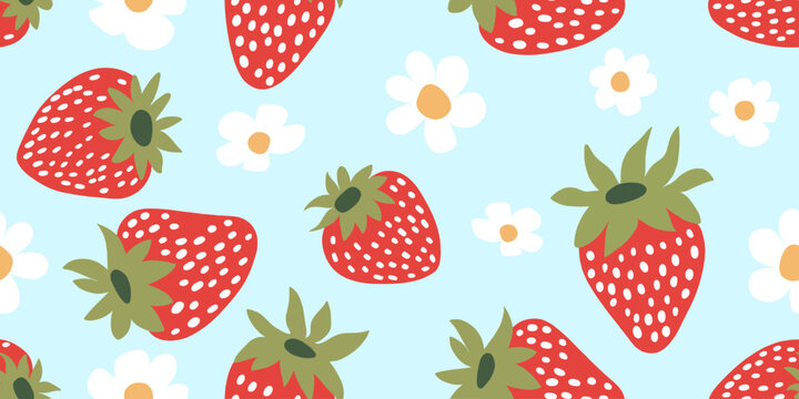 Seamless pattern with strawberry and cute flower on blue background. Berry vector illustration. Cute fruit seamless print for wrapping paper, wallpaper, fabric, design.