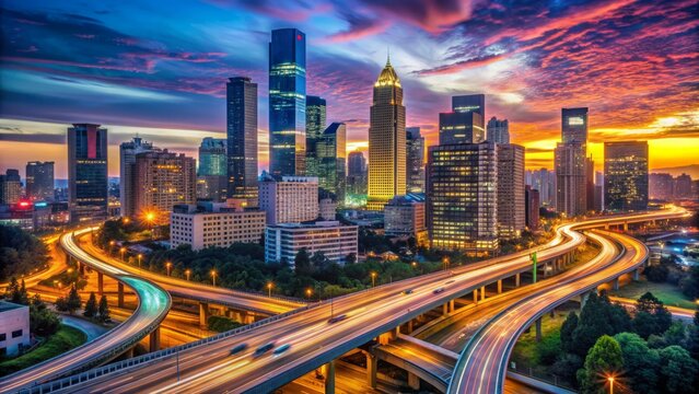 Vibrant metropolitan silhouette featuring sleek skyscrapers, neon lights, and intersecting highways against a dark gradient twilight urban landscape backdrop.