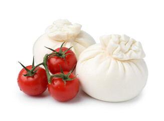 Fresh delicious burrata cheese and tomatoes isolated on white