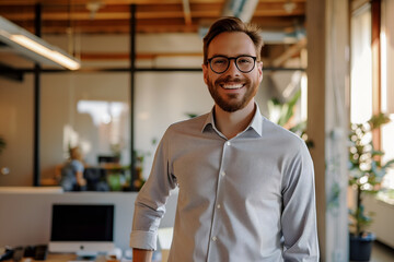 Obraz premium Young professional is grinning in a bustling contemporary workspace with his hands in his pockets