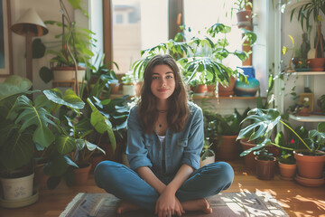 Young woman surrounded by various houseplants sits on the floor of her apartment