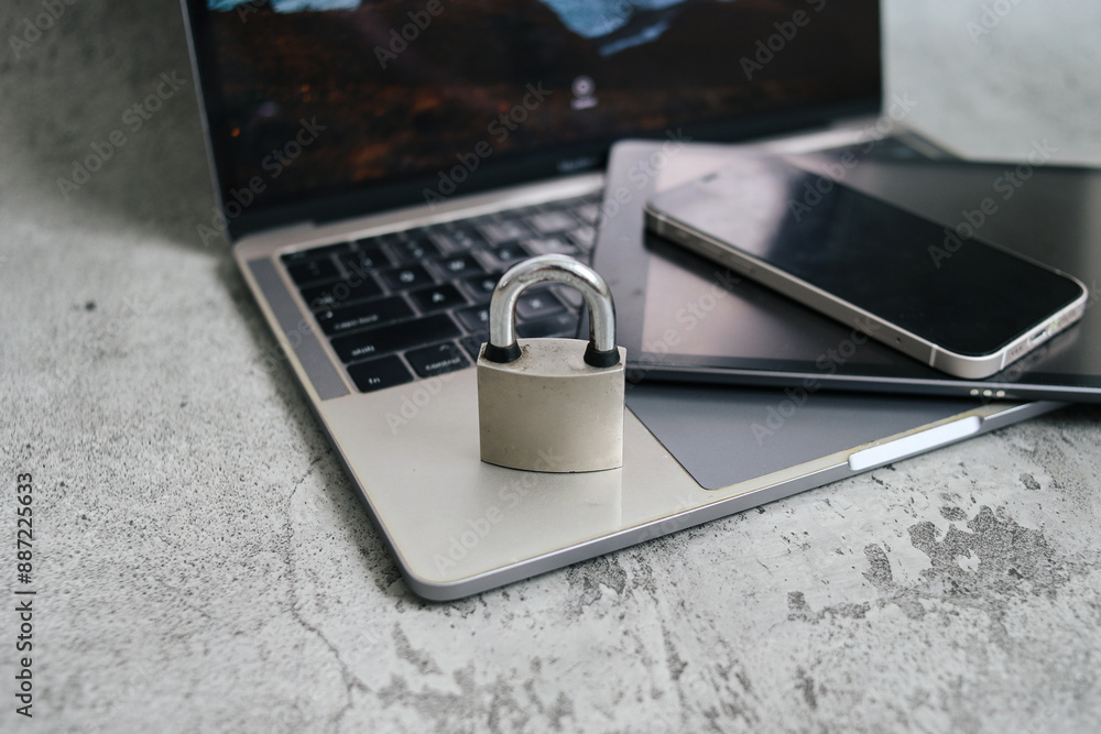 Poster smart digital device equipment with padlock on laptop over grey background. data and privacy concept