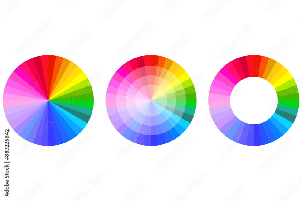 Poster three colorful circular charts on a white background. vivid spectrum gradient wheels. suitable for d