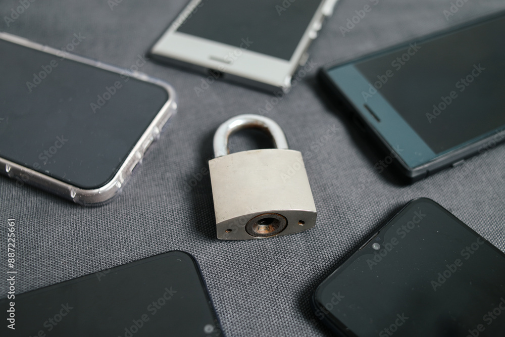Poster cyber ​​security concept. smartphone with padlock in circle over gray background