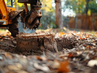 A close-up of a stump grinder removing a tree stump in a yard.  The machine's spinning blade is visible, grinding the wood into mulch.