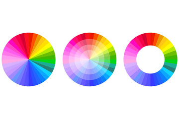 Three colorful circular charts on a white background. Vivid spectrum gradient wheels. Suitable for design and educational purposes.