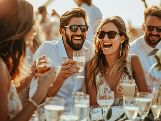 Couple having fun at the wedding outdoor party