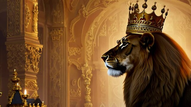 Regal Lion with Crown in Ornate Palace