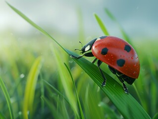 A ladybug crawls on a blade of grass, surrounded by a field of dew-covered green blades.  The sun shines brightly in the background.
