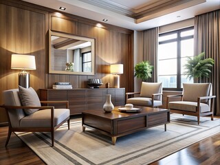 Naklejka premium Elegant modern living room features sleek chairs, stylish drawer, and a mockup frame, set against a backdrop of rich wood tones and plush carpeting.