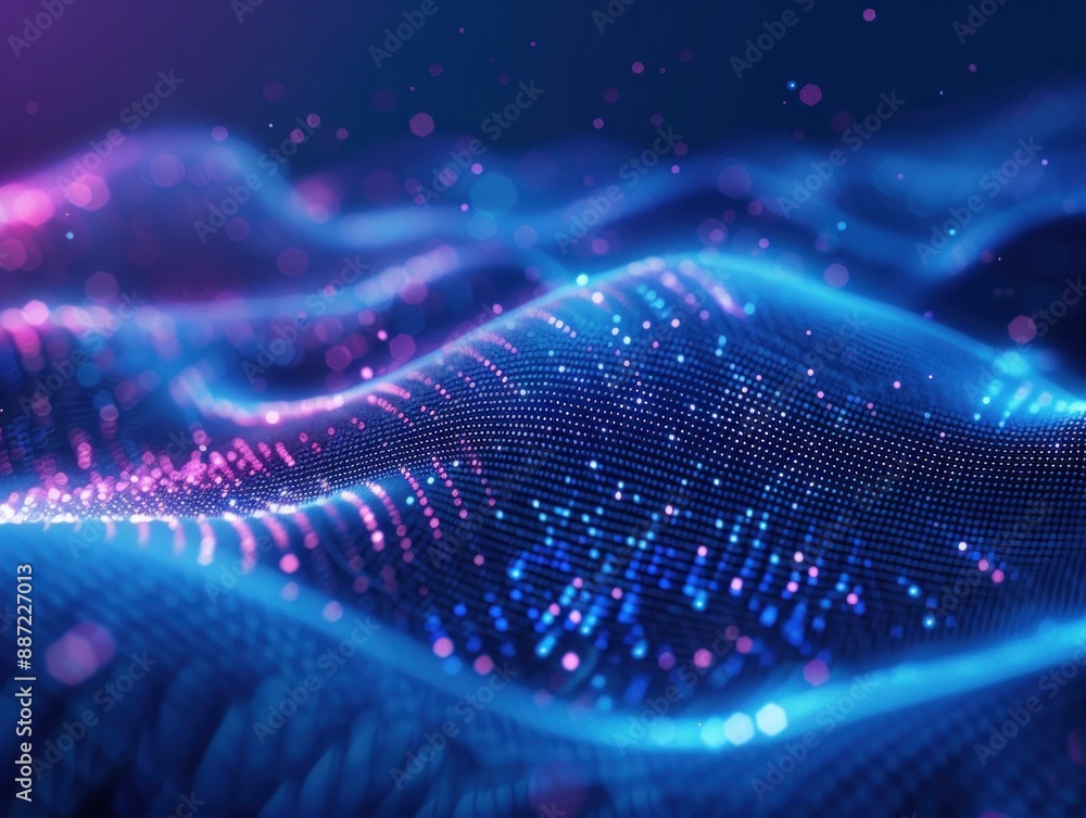 Poster glowing blue and pink lights creating a vibrant wave pattern on a dark background for artistic desig