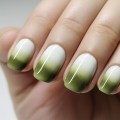 A hand with four fingers, featuring ombre nail polish in shades of green and white