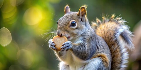 Obraz premium Adorable grey squirrel clutches a heart-shaped cookie delicately in its tiny paws, showcasing a sweet and tender moment of forest creature indulgence.
