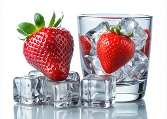 Vibrant red strawberry sits alongside heart-shaped ice cubes in a clear glass, slowly melting and forming droplets, isolated on a transparent background.