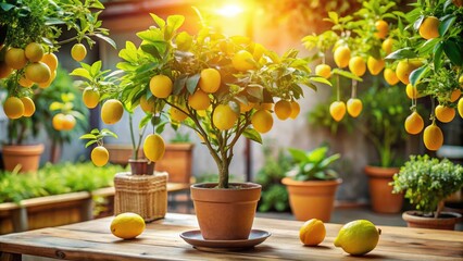 Vibrant yellow lemons hang from a lush green potted tree, sitting on a natural wood table, surrounded by warm sunlight and cozy interior decorations.