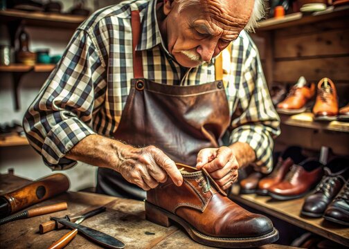 Focused close-up of skilled elderly hands, worn and calloused from years of labor, carefully repairing a shoe in a well-organized workshop with vintage tools. - Powered by Adobe