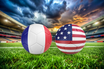 Fototapeta premium Two soccer balls in flags colors on a stadium blurred background. France vs United States. 3D image.
