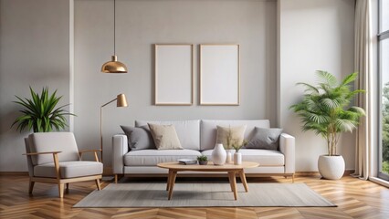 Simple, modern living room interior with sleek furniture, empty white poster frame on wall, awaiting creative expression, perfect for design mock-ups.