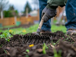 Fototapeta premium Close-up of a gardener's hand using a rake to prepare soil for planting.