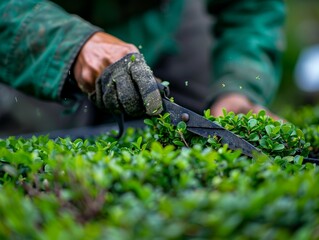 Close-up of a gardener's hand using shears to trim a green hedge.