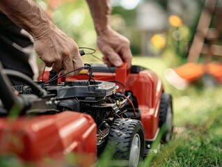 Obraz premium Closeup of a man's hands starting a red lawnmower in a lush green yard.