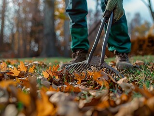 Closeup of a person raking fallen autumn leaves in a yard.