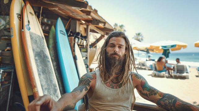 The owner of a local surfboard rental shop was wearing a tank top and sitting in front of the shop. - Powered by Adobe