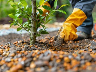 Closeup of gloved hands planting a small tree in mulch.