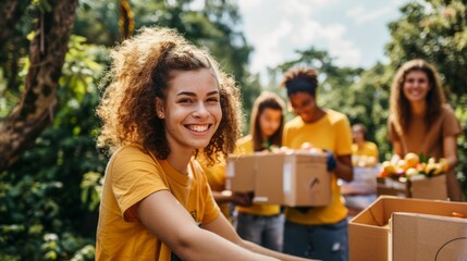A young woman with curly hair, wearing a yellow shirt, smiles as she stands with a group of volunteers in a park. They are carrying boxes of food and seem to be in good spirits