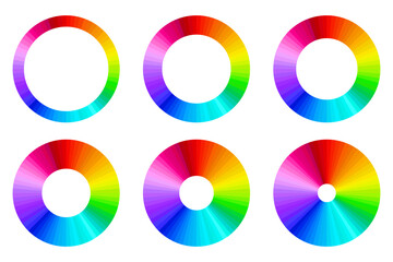 Set of colorful gradient circular charts on a white background. Vector illustration of various circular graphs for design and infographics. Colorful circles for data visualization.